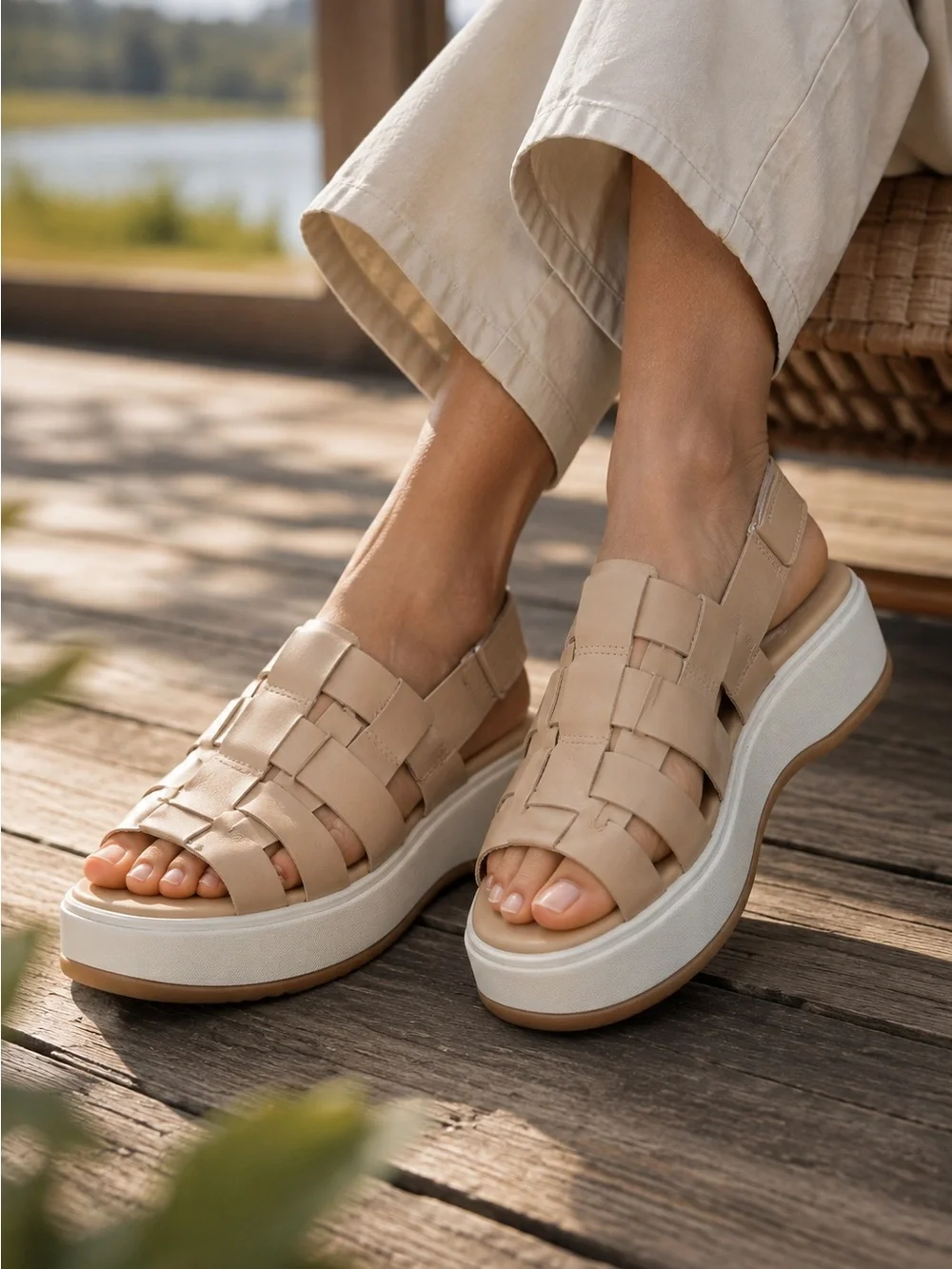 SOREL ONA Streetworks Go-To Beige Leather Platform Sandals Size 8.5